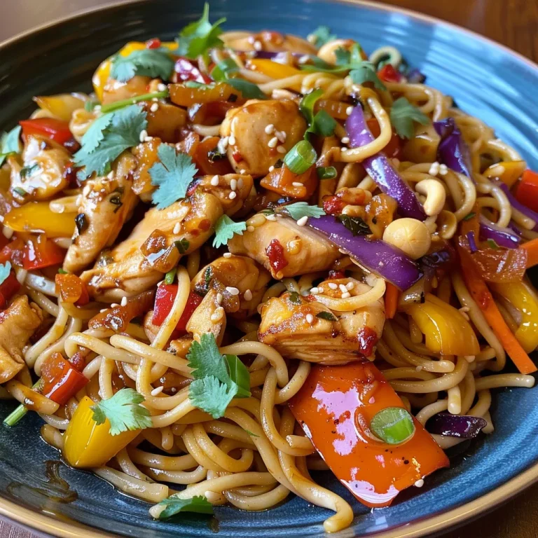 A vibrant dish of Honey Garlic Chicken Stir Fry with noodles and vegetables.