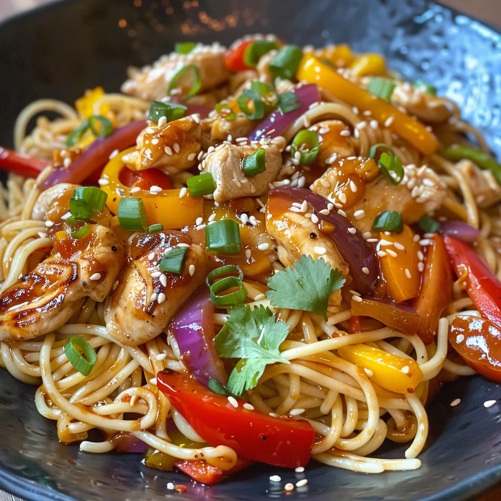 Delicious plate of noodles stir-fried with chicken and assorted vegetables.