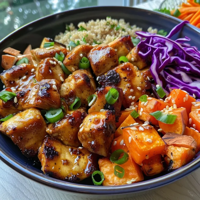 Juicy Hot Honey Chicken Bowl with vibrant ingredients displayed in a stylish bowl.