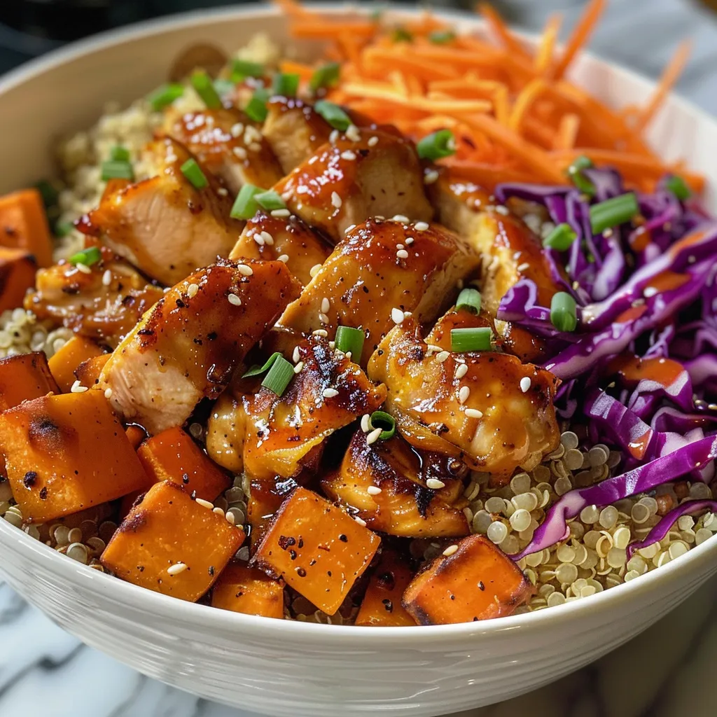 A detailed look at a Hot Honey Chicken Bowl showcasing chicken, quinoa, and fresh produce.