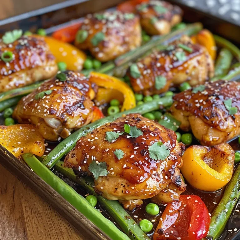 Deliciously arranged Hot Honey Chicken Sheet Pan Dinner featuring garnished scallions and cilantro.