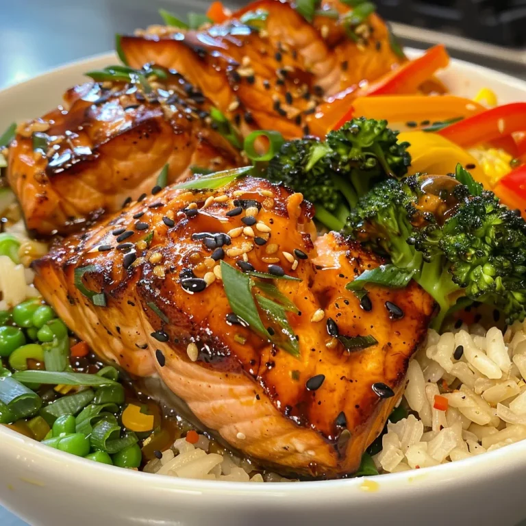 Juicy salmon fillets drizzled with hot honey, served over a bed of brown rice and fresh veggies.
