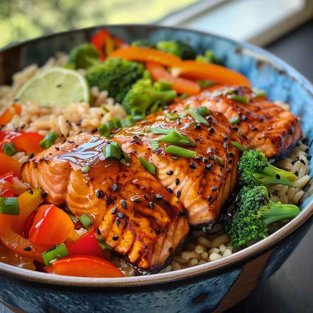 A side view showcasing a Hot Honey Crispy Salmon Bowl, highlighting the rich colors of the ingredients.