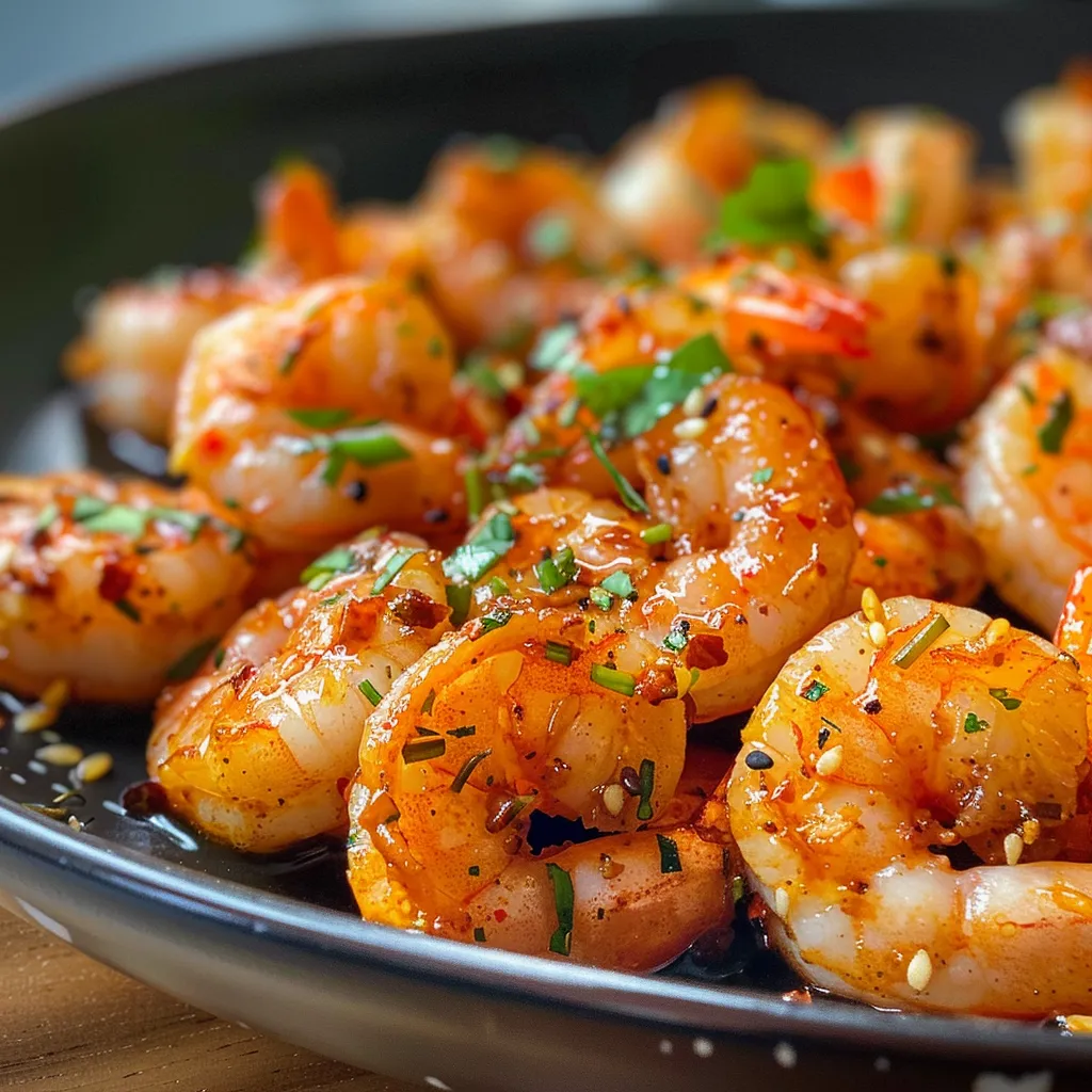 Delicious hot honey shrimp plated with scallions and lime wedges.