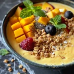 A close-up side view of an Iced Mango Lassi Smoothie Bowl topped with granola and mixed fresh fruits.