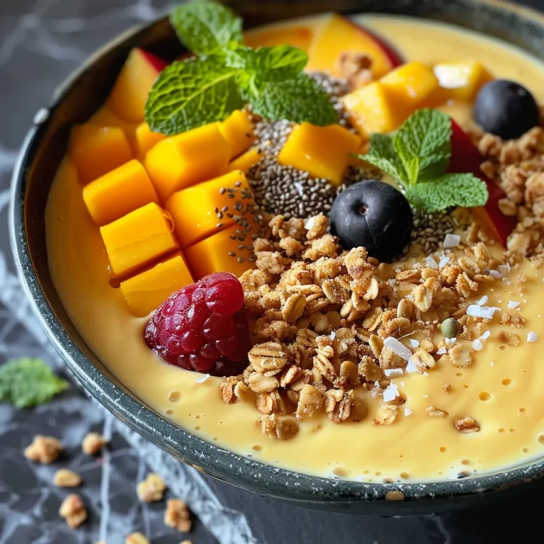 A close-up side view of an Iced Mango Lassi Smoothie Bowl topped with granola and mixed fresh fruits.