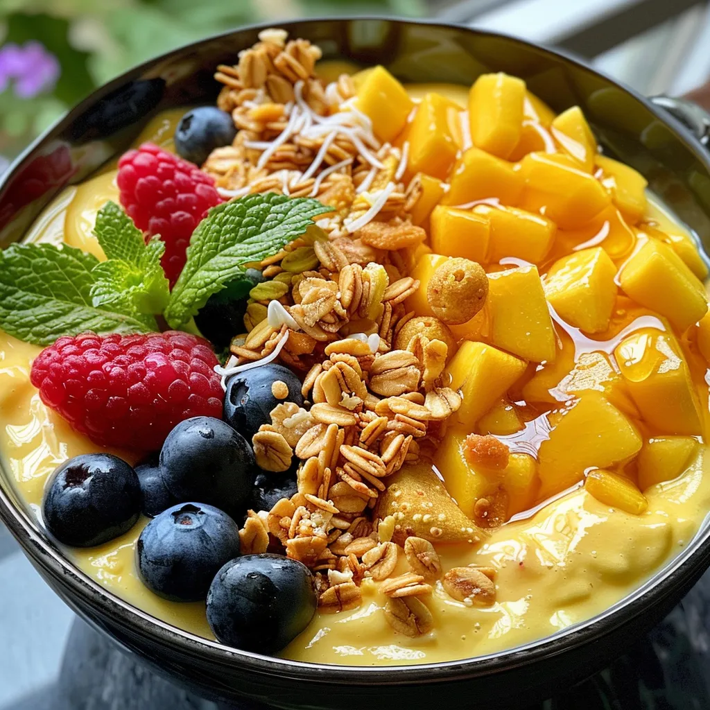 A vibrant Iced Mango Lassi Smoothie Bowl filled with diced mangoes, yogurt, and garnished with mint leaves.