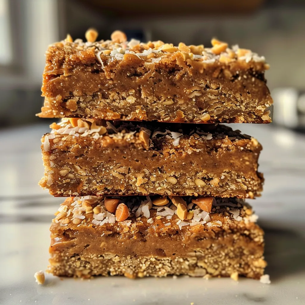 Side view of homemade Keto breakfast bars featuring a nutty texture and coconut flakes.