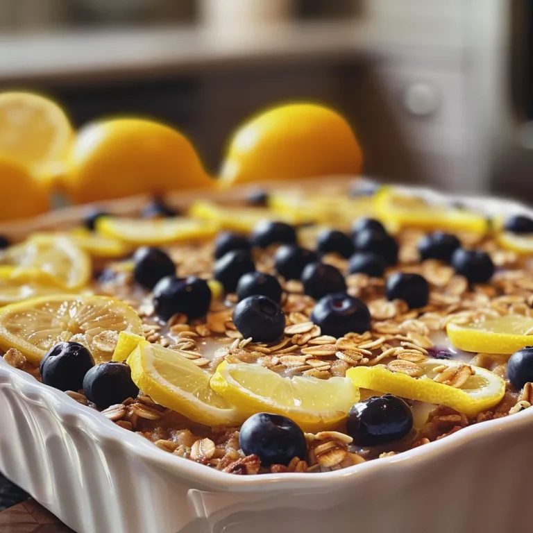 Juicy baked oatmeal dish filled with blueberries and a hint of lemon.