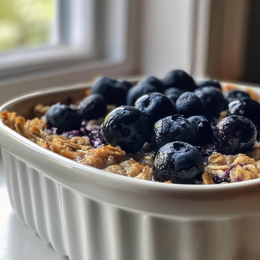 Delicious Lemon Blueberry Baked Oatmeal garnished with fresh blueberries.