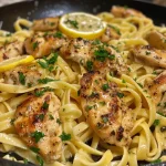 Appetizing Lemon Butter Garlic Chicken Pasta with a creamy sauce and chicken on a wooden table.