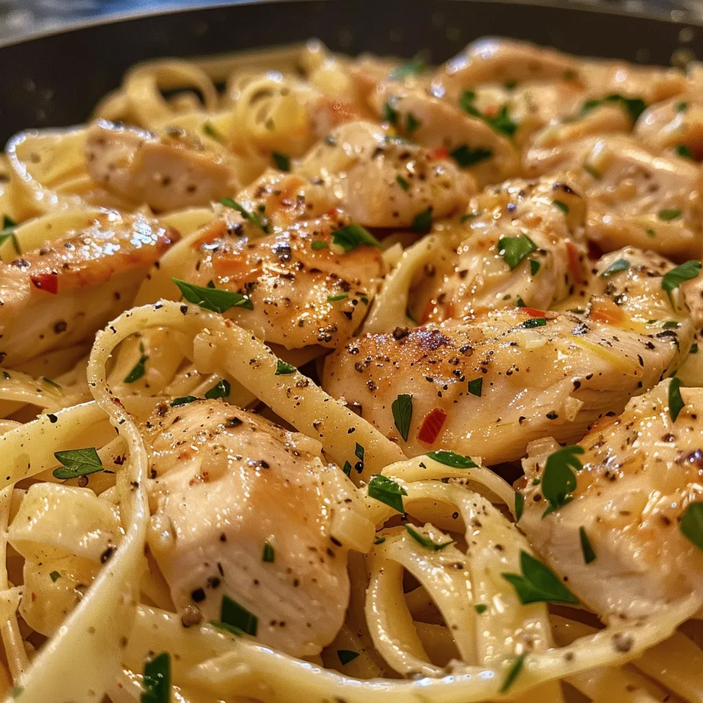 Delicious Lemon Butter Garlic Chicken Pasta served in a rustic dish with lemon slices.