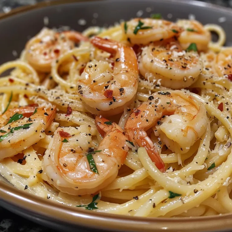 Juicy shrimp and pasta in a lemon garlic sauce, garnished with parsley.