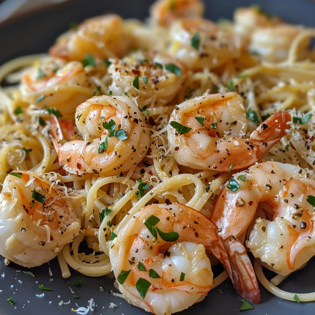 Delicious plate of Lemon Butter Garlic Shrimp Pasta with visible garlic and lemon zest.