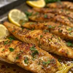 Appetizing tilapia fillet garnished with lemon slices and fresh parsley on a plate.