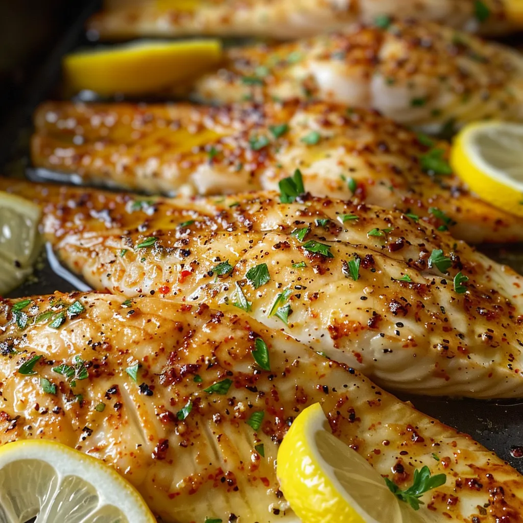 Delicious baked tilapia served with lemon and garlic butter, showcasing vibrant colors.