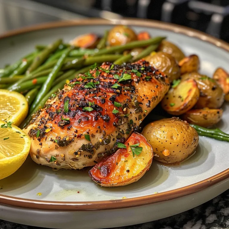 Side view of Lemon Garlic Chicken garnished with fresh parsley and lemon wedges.