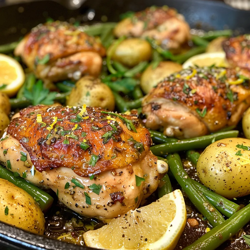 Colorful dish featuring chicken breasts, potatoes, and green beans.