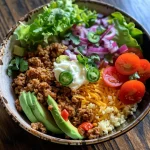 A beautifully arranged Low Carb Burrito Bowl showcasing ground meat, lettuce, and a variety of toppings.
