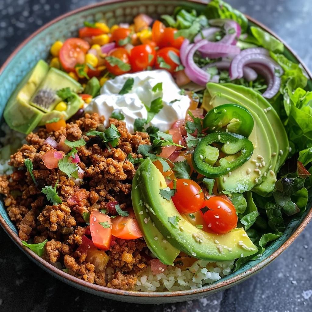 A side view of a juicy Low Carb Burrito Bowl packed with vegetables, cheese, and flavorful sauces.