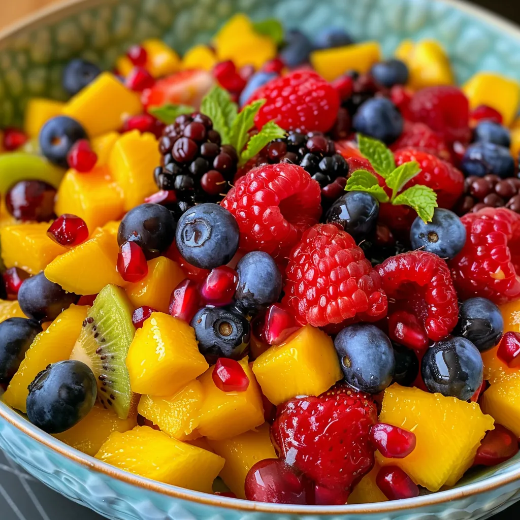 A delicious fruit salad showcasing juicy mango pieces alongside a medley of red and blue berries.