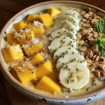 A delicious mango coconut chia smoothie bowl in a bowl, decorated with mint leaves and shredded coconut.