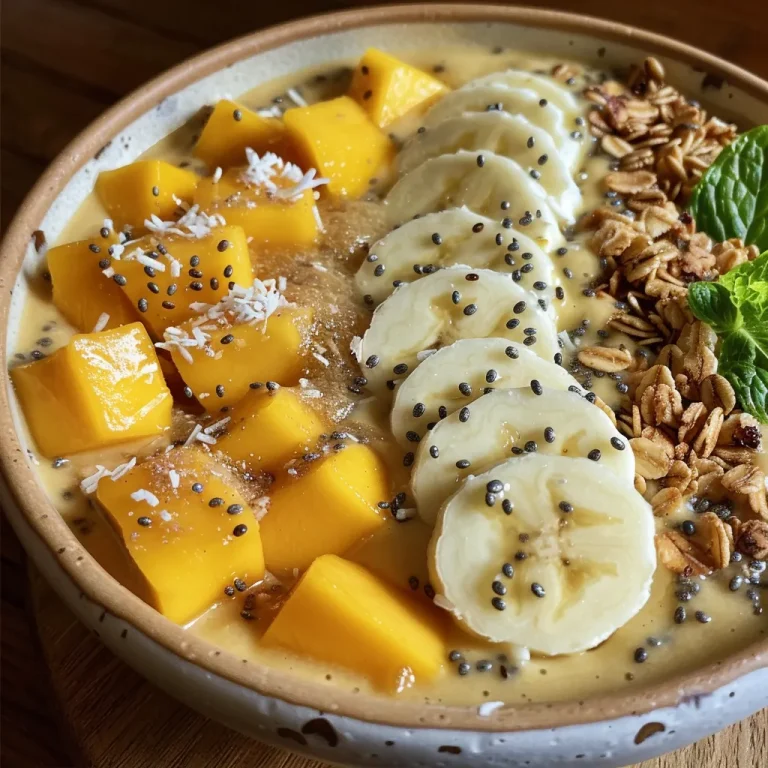 A delicious mango coconut chia smoothie bowl in a bowl, decorated with mint leaves and shredded coconut.