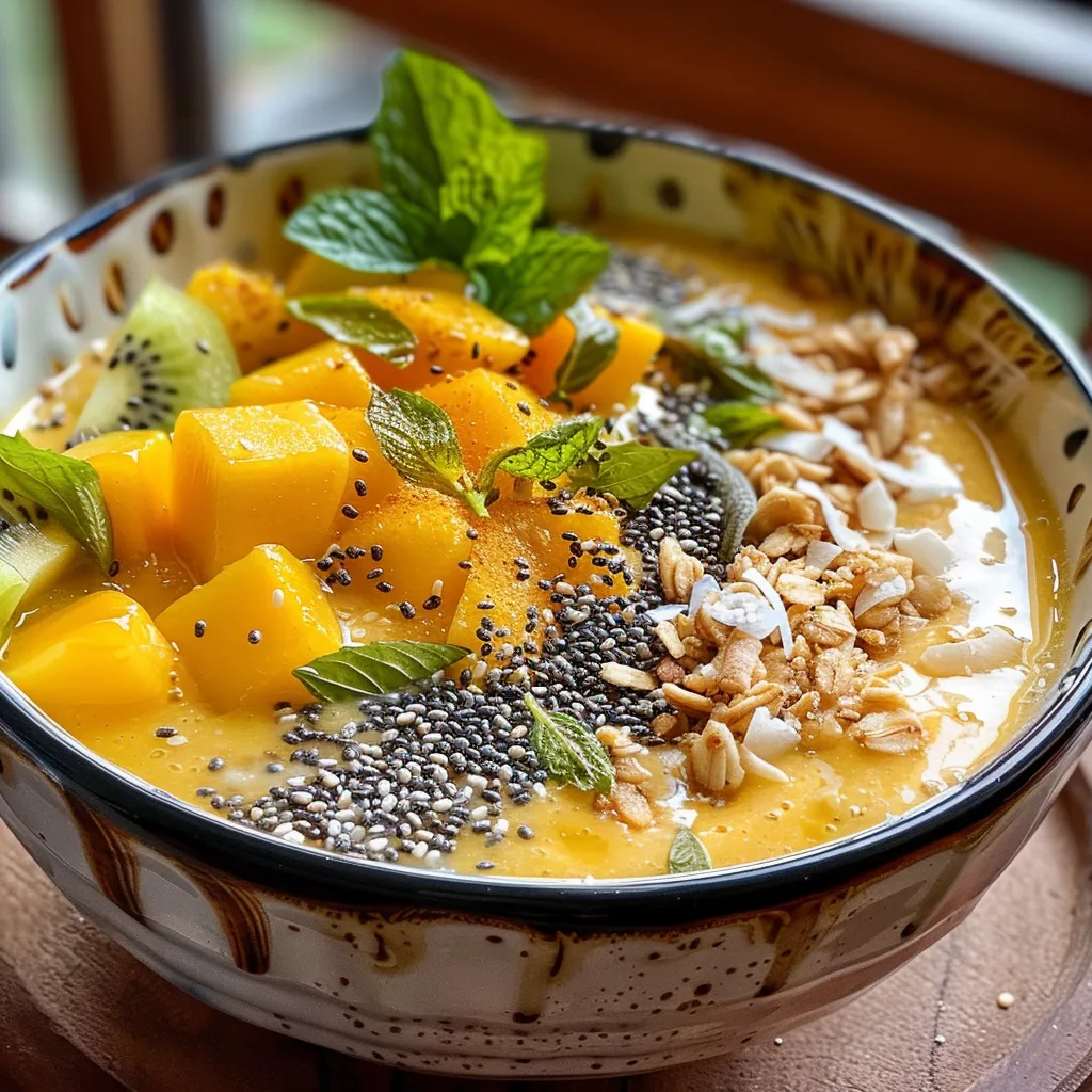 A side view of a colorful smoothie bowl with a creamy mango coconut base and various fresh fruit toppings.
