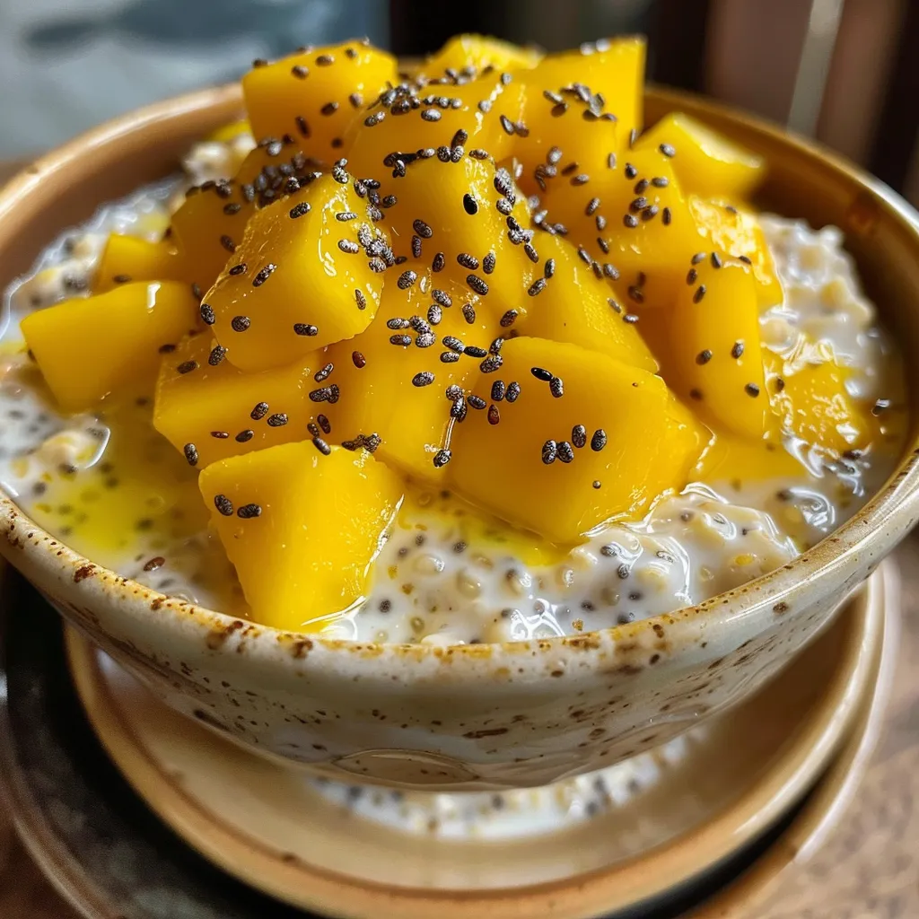 Close-up of overnight oats with mango and coconut, highlighting the delicious colors and creamy consistency.