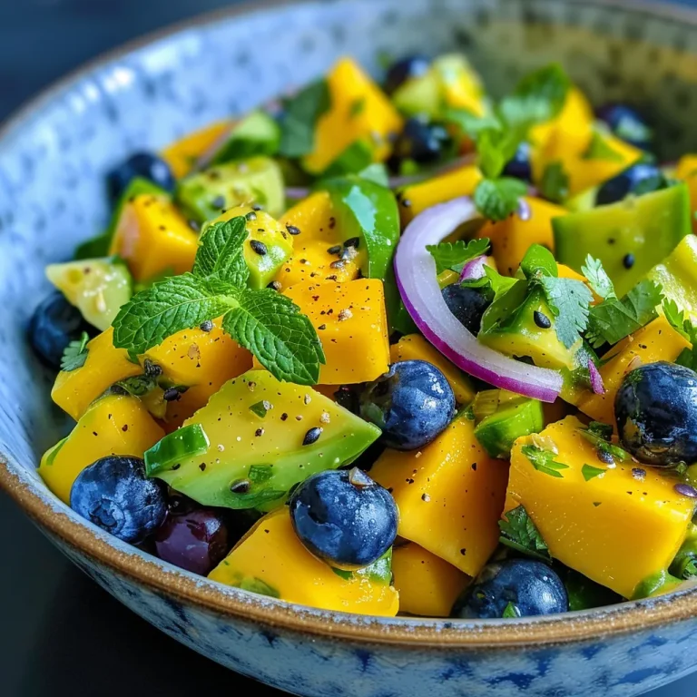 Colorful bowl of mango cucumber salad garnished with avocado and herbs.