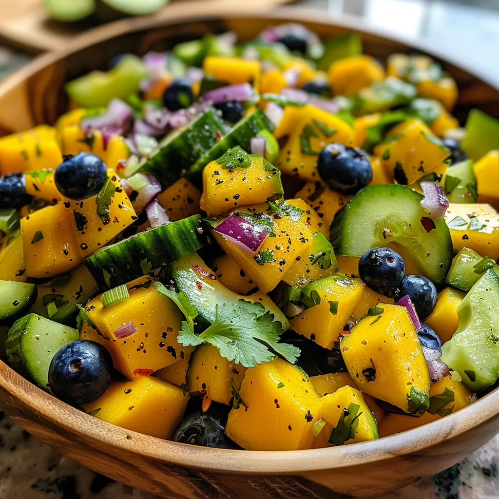 Juicy and colorful salad showcasing mango, cucumber, blueberries, and lime dressing.