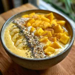 Juicy mango pineapple smoothie bowl showcased with colorful toppings in a stylish bowl.