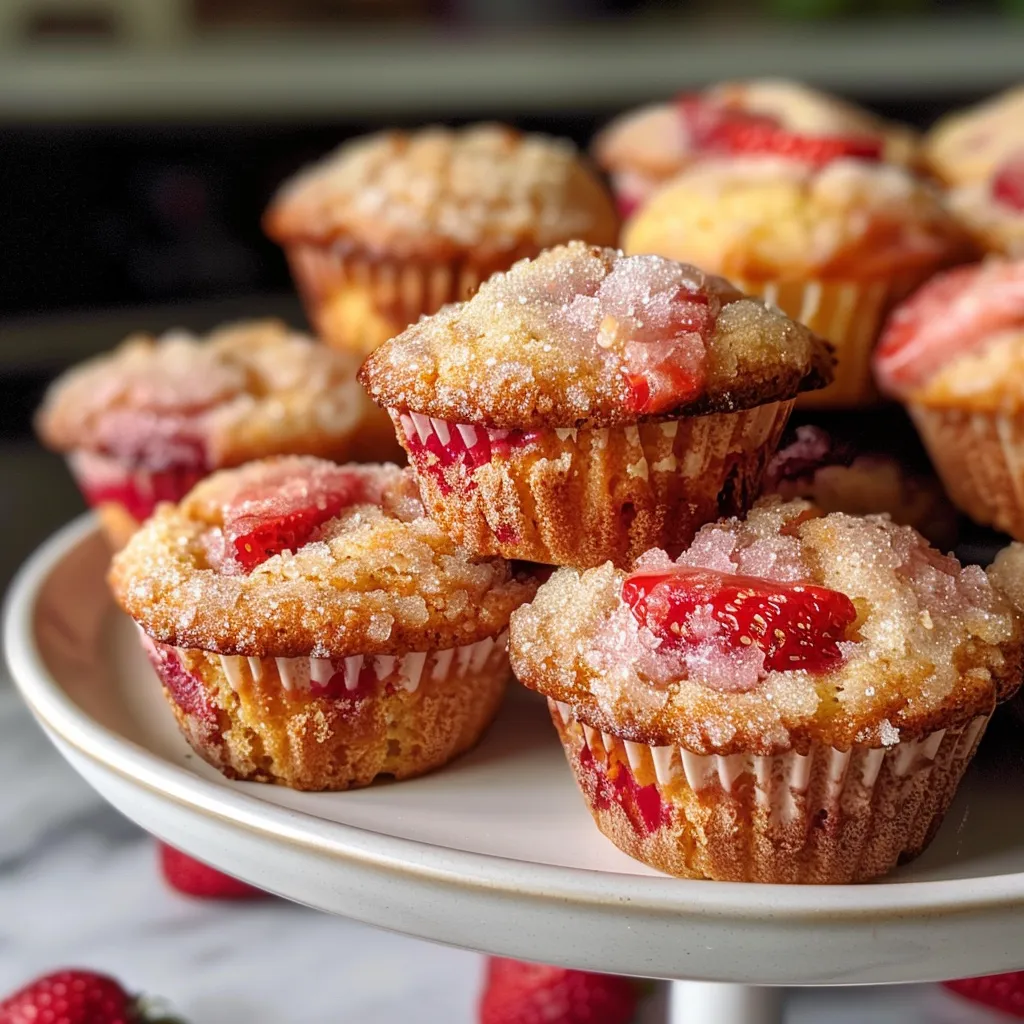 Juicy mini strawberry banana muffins stacked on a plate, with a focus on the vibrant red strawberries.