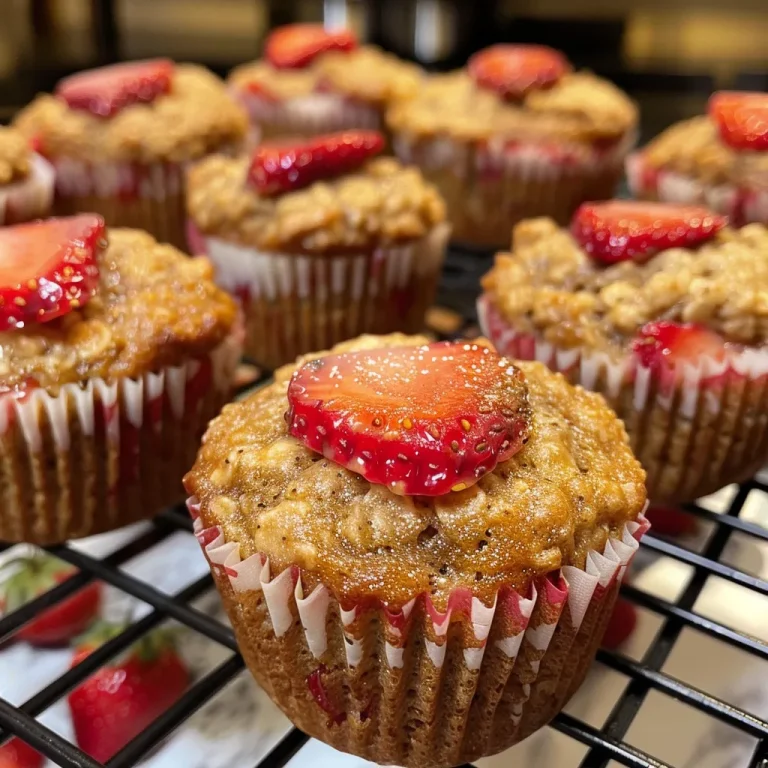 A detailed side shot of warm Mini Strawberry Oat Muffins, featuring a soft crumb and visible chunks of fresh strawberries.