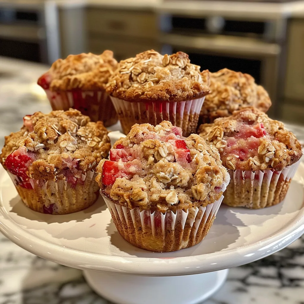 Close-up side view of delicious Mini Strawberry Oat Muffins, emphasizing their crusty tops and juicy filling.