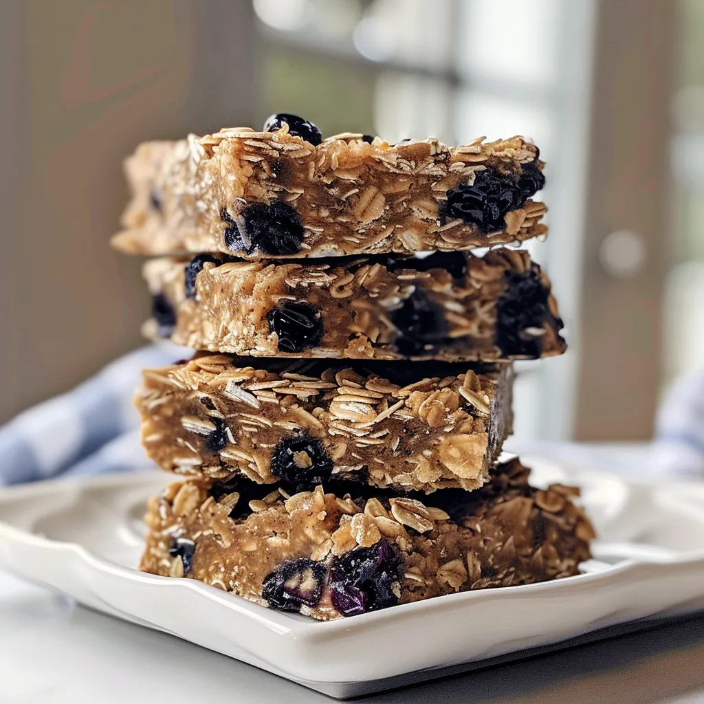 Vibrant No Bake Almond Blueberry Oatmeal Bars with a rich almond topping and visible blueberries.