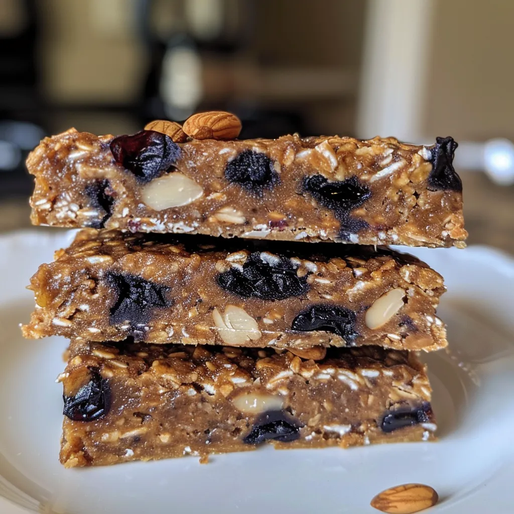 Close-up of a No Bake Blueberry Muffin Breakfast Bar, highlighting its rich color and almond bits.