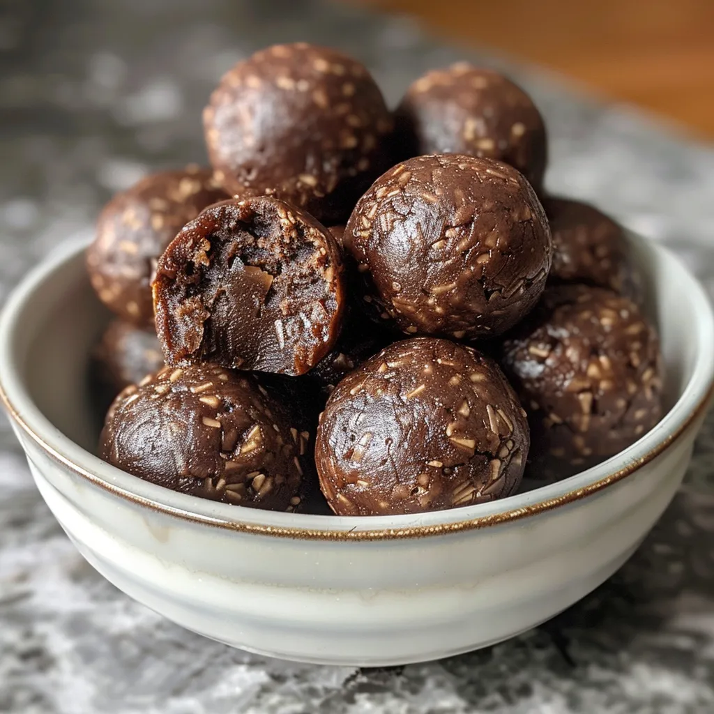 Side view of luscious No Bake Brownie Balls, highlighting their dark, cocoa-covered exterior.