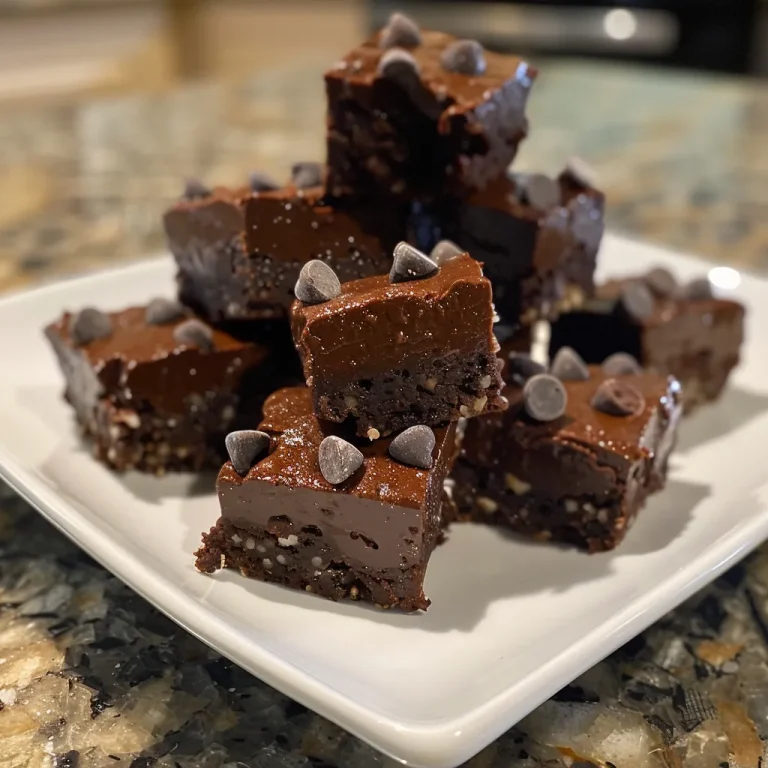 Close-up view of rich, chocolatey no-bake brownie bites on a white plate.