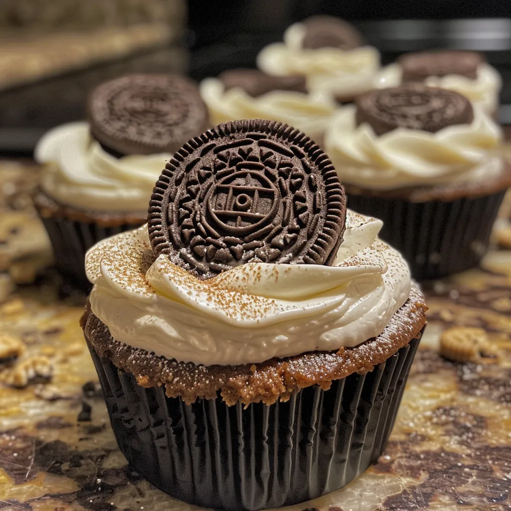 Side profile of layered Oreo No-Bake Cheesecake Cups featuring chocolate cookie crumbles.
