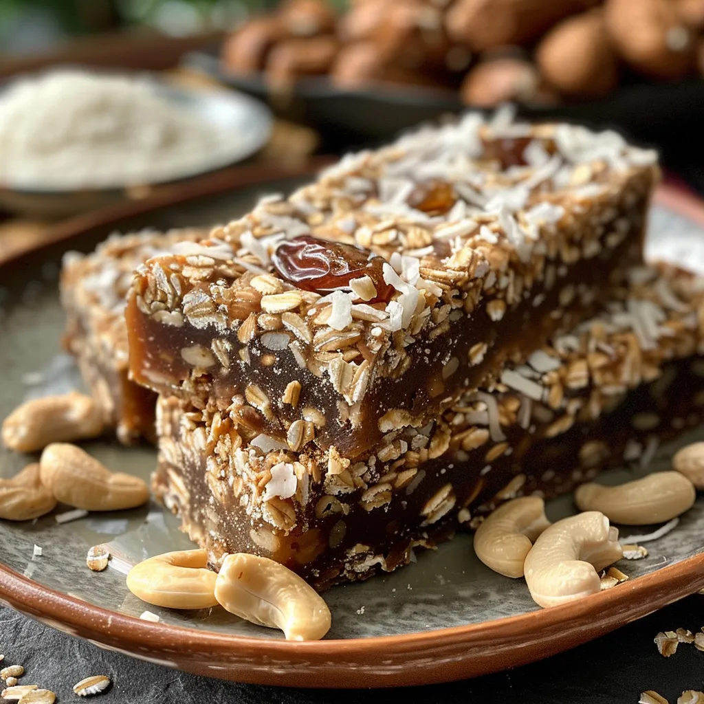 Juicy no-bake coconut cashew cream bars arranged attractively, highlighting their chewy texture and ingredients.