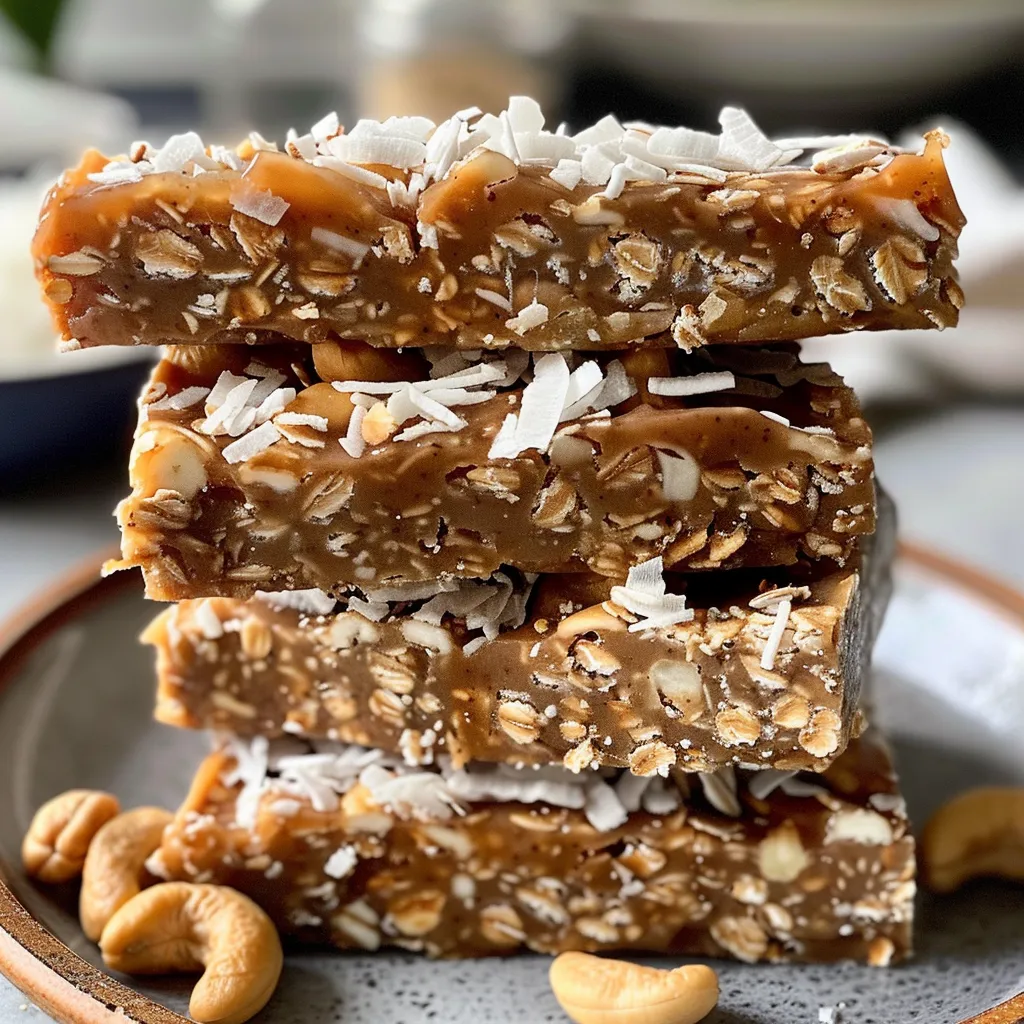 Side view of layered no-bake bars with cashew cream and a dusting of shredded coconut, presented appetizingly.