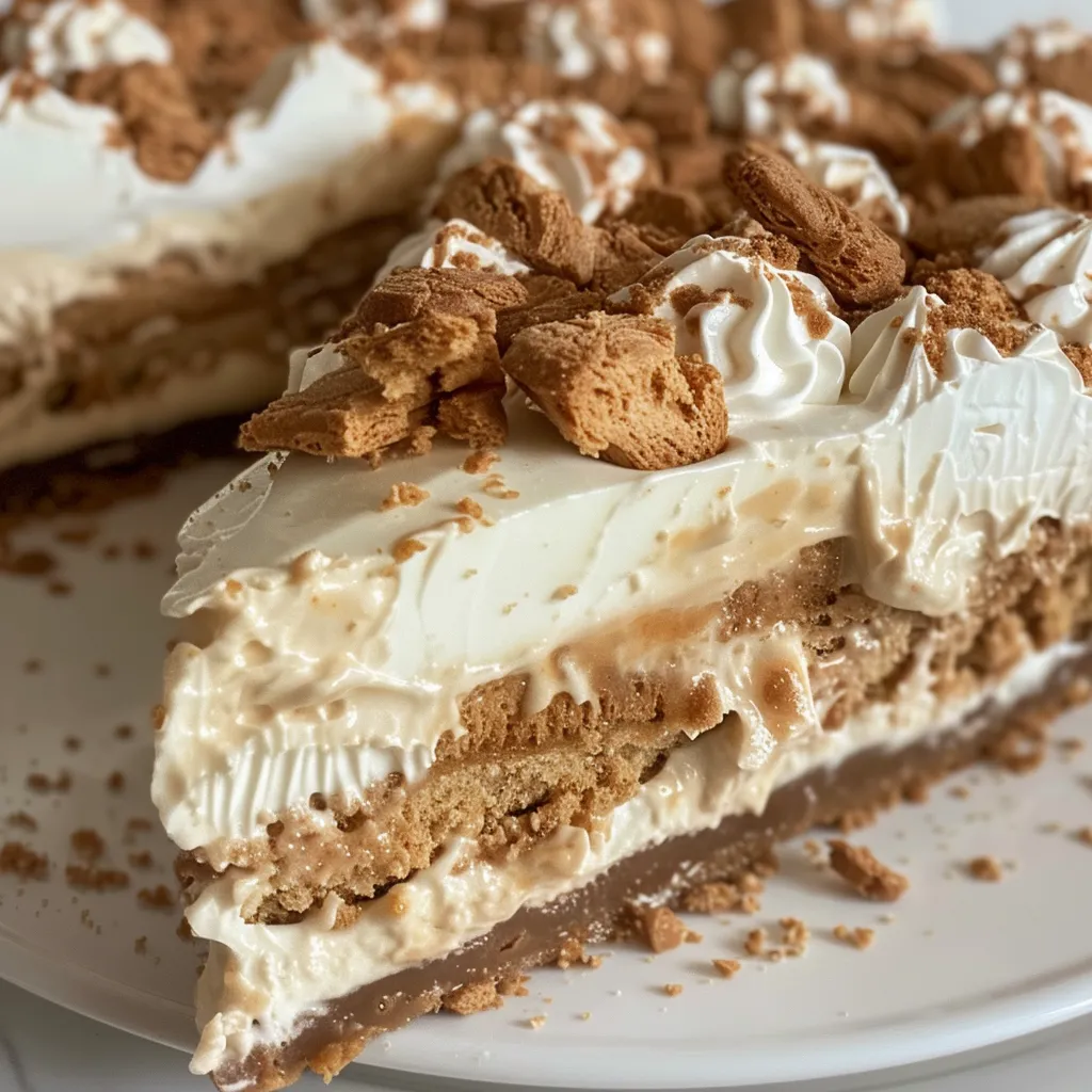 Detailed photo of a slice of No-Bake Lotus Biscoff Pie, emphasizing the layers of cream and biscuit.