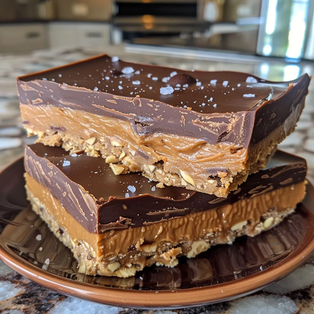 Side view of layered No-Bake Peanut Butter Cup Bars showcasing chocolate and peanut butter layers.