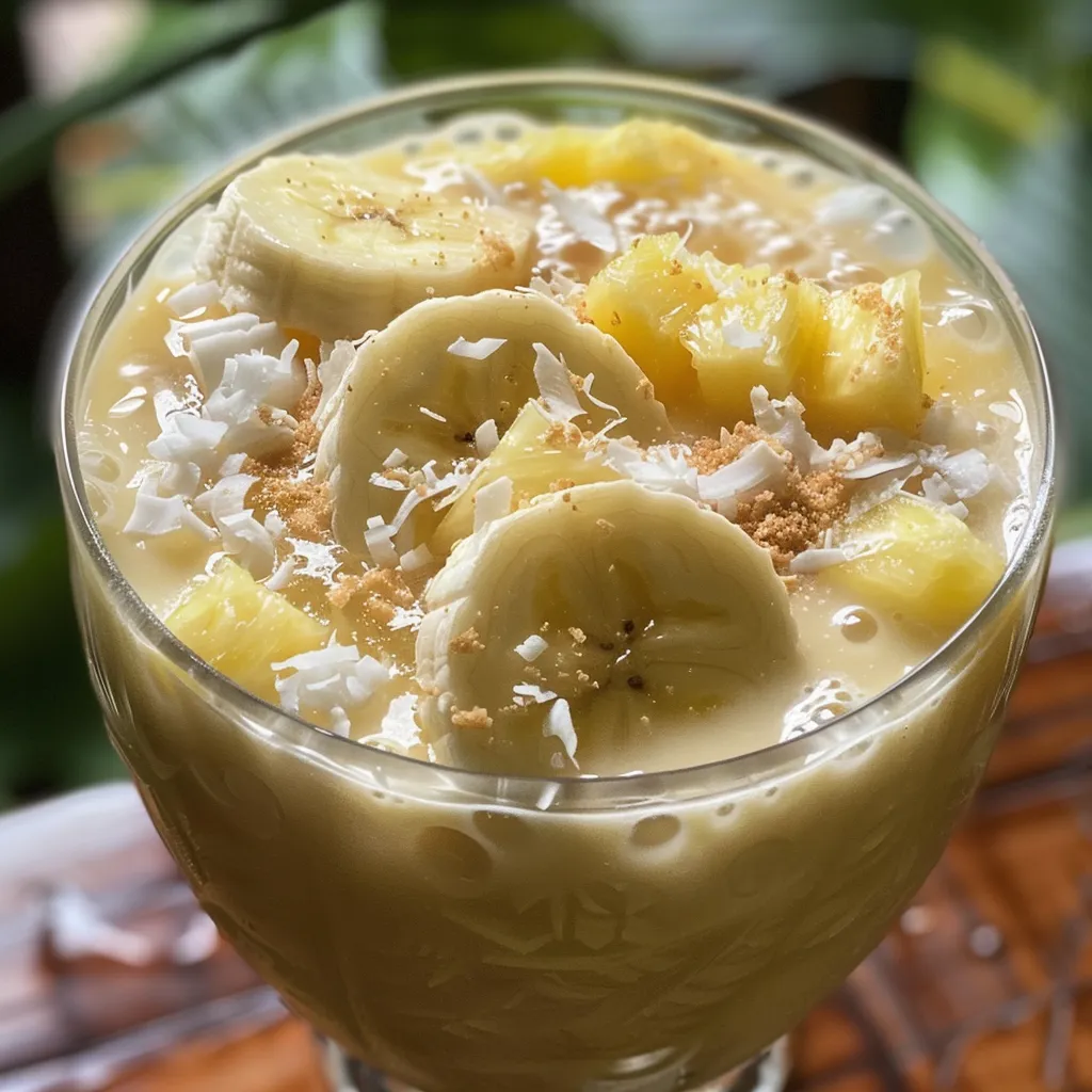 Side angle photo of a creamy Ocean Love Colada with fruit garnish.