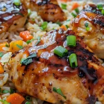 Side view of a plate filled with BBQ chicken and fluffy rice garnished with herbs.