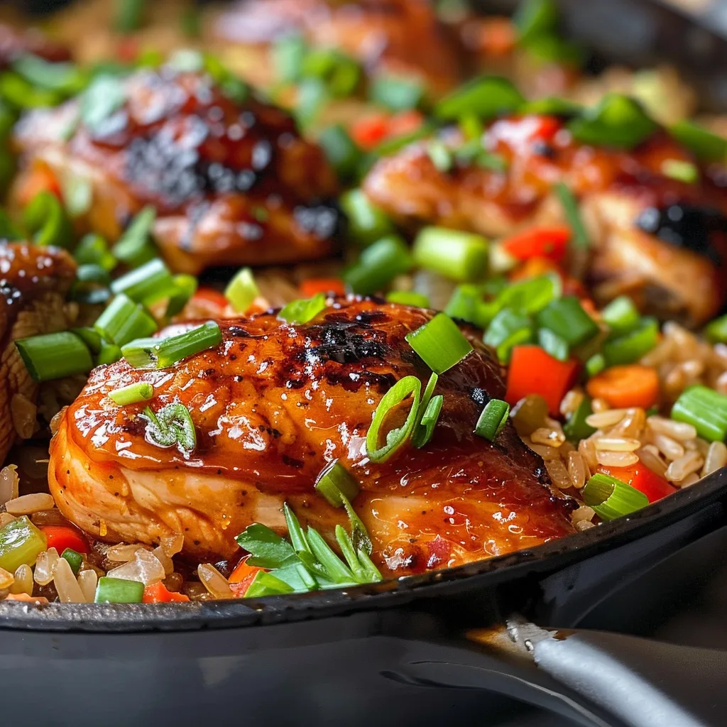 Tasty one-pan dish showcasing BBQ chicken resting on a bed of rice and veggies.