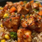 Close-up of honey BBQ chicken and rice in a warm, inviting setting.
