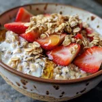 Juicy strawberries layered on creamy overnight oats, served in a clear glass bowl.