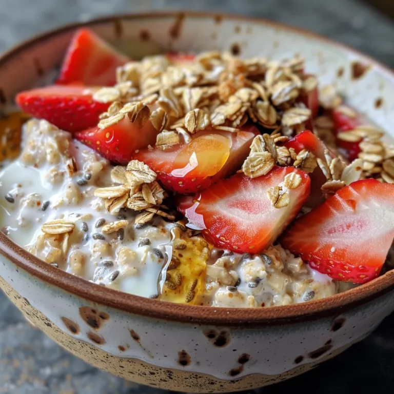 Juicy strawberries layered on creamy overnight oats, served in a clear glass bowl.